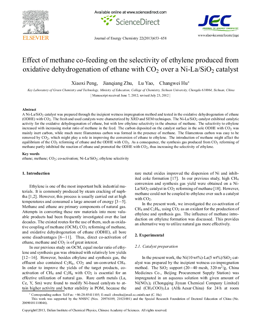Effect of methane co-feeding on the selectivity of ethylene produced from oxidative dehydrogenation of ethane with CO2 over a Ni-La/SiO2 catalyst 