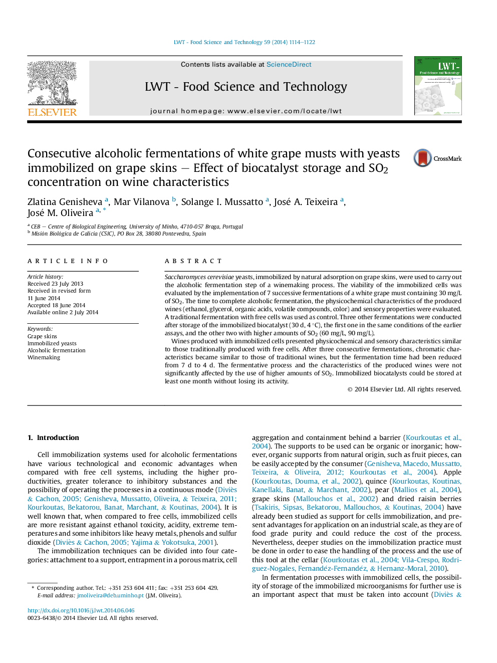 Consecutive alcoholic fermentations of white grape musts with yeasts immobilized on grape skins - Effect of biocatalyst storage and SO2 concentration on wine characteristics