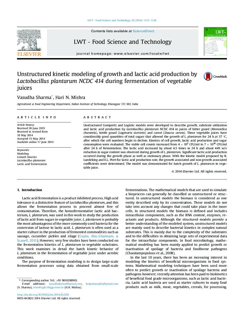 Unstructured kinetic modeling of growth and lactic acid production by Lactobacillus plantarum NCDC 414 during fermentation of vegetable juices