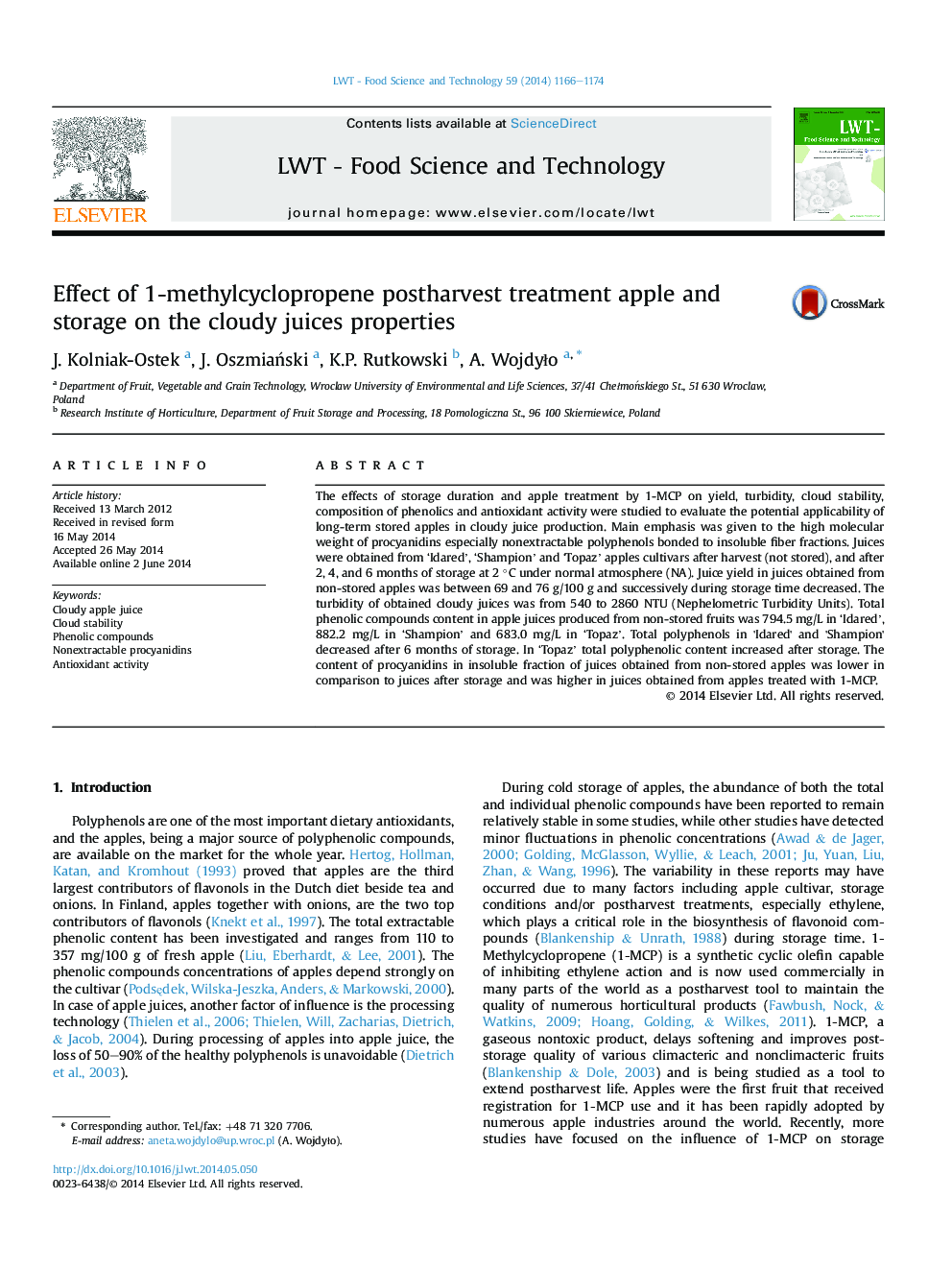 Effect of 1-methylcyclopropene postharvest treatment apple and storage on the cloudy juices properties