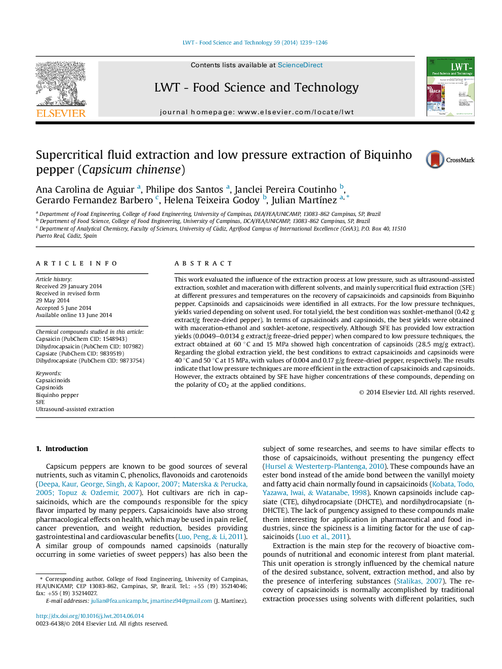 Supercritical fluid extraction and low pressure extraction of Biquinho pepper (Capsicum chinense)