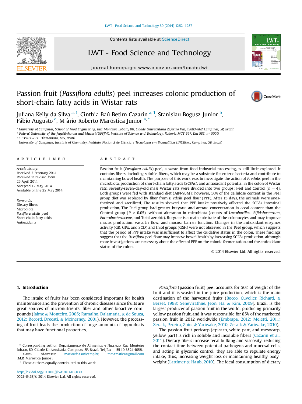 Passion fruit (Passiflora edulis) peel increases colonic production of short-chain fatty acids in Wistar rats