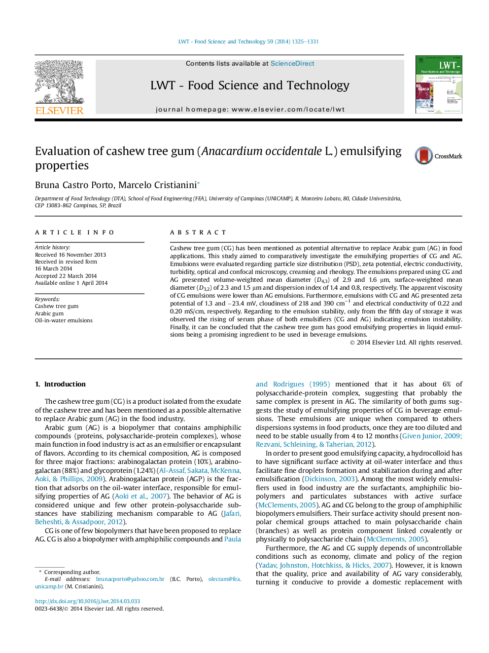 Evaluation of cashew tree gum (Anacardium occidentale L.) emulsifying properties