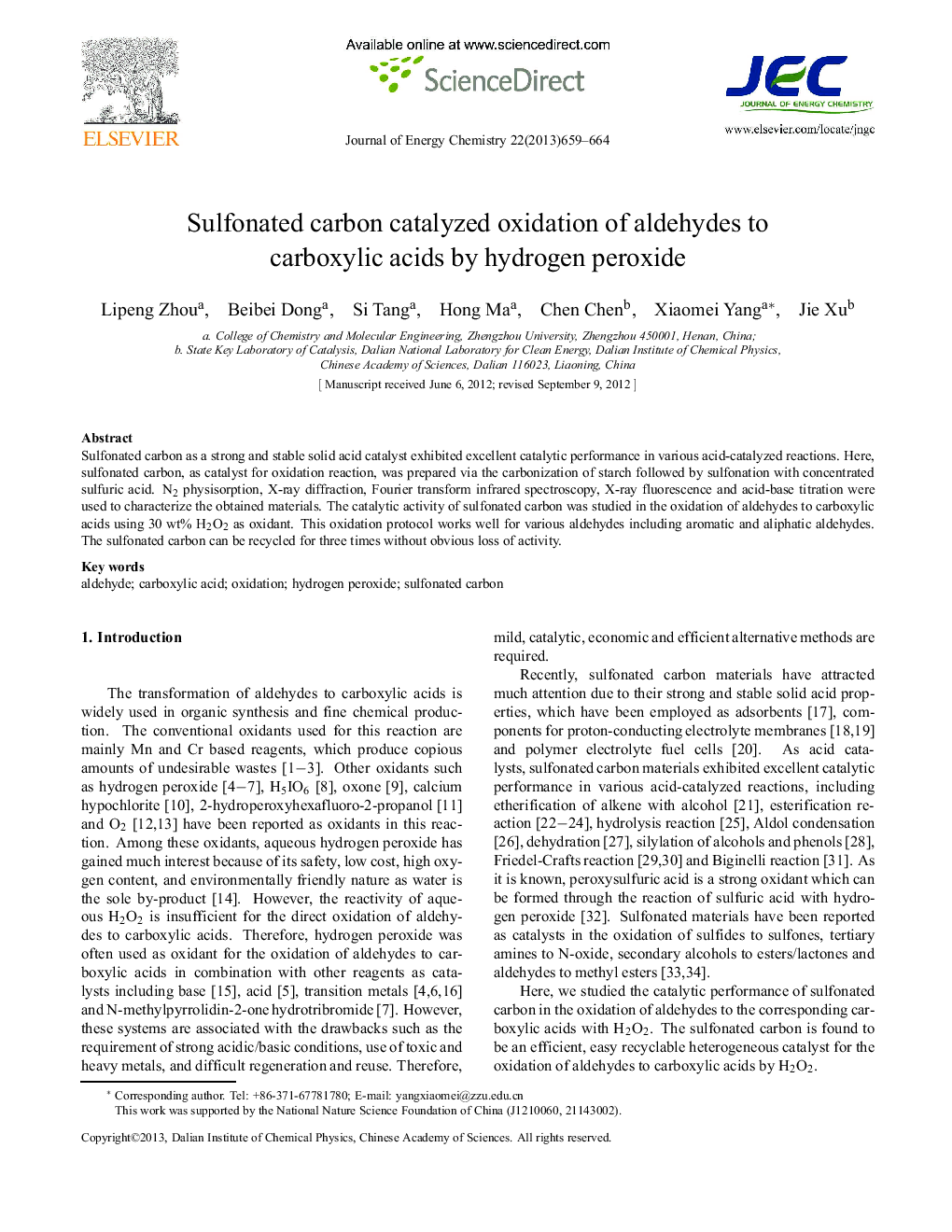 Sulfonated carbon catalyzed oxidation of aldehydes to carboxylic acids by hydrogen peroxide 