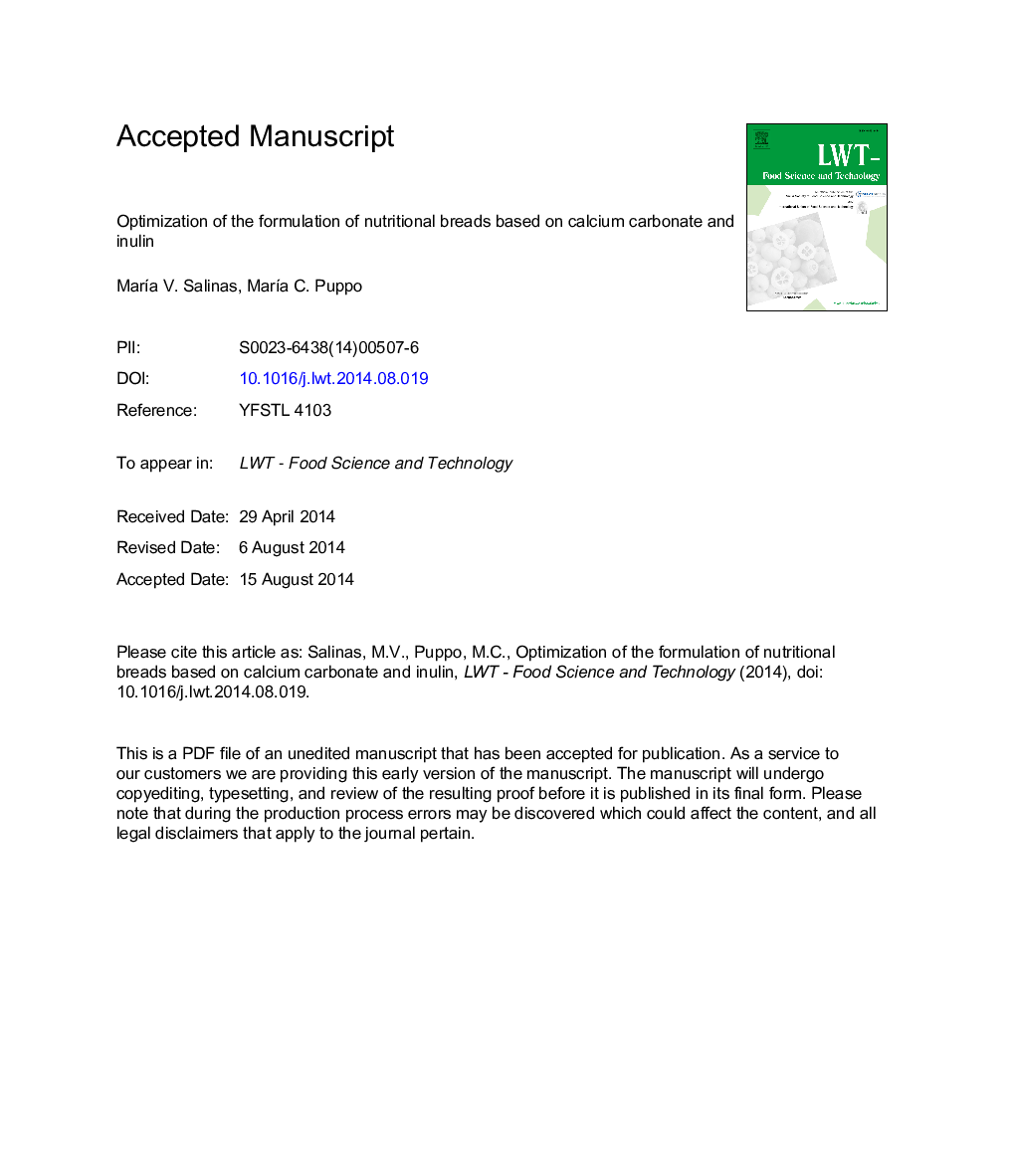 Optimization of the formulation of nutritional breads based on calcium carbonate and inulin