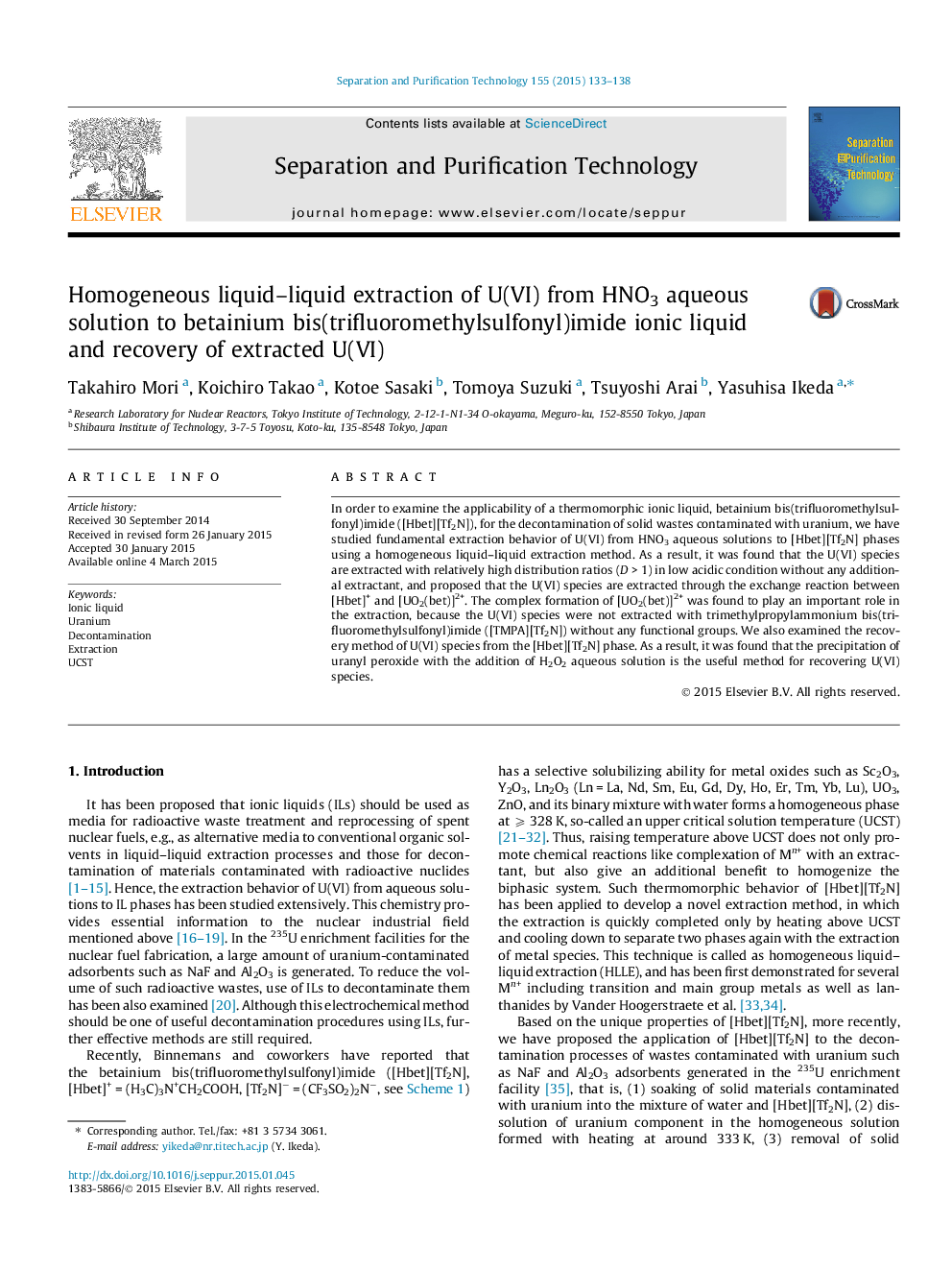 Homogeneous liquid–liquid extraction of U(VI) from HNO3 aqueous solution to betainium bis(trifluoromethylsulfonyl)imide ionic liquid and recovery of extracted U(VI)