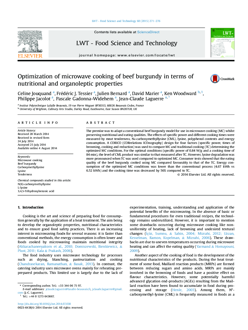 Optimization of microwave cooking of beef burgundy in terms of nutritional and organoleptic properties