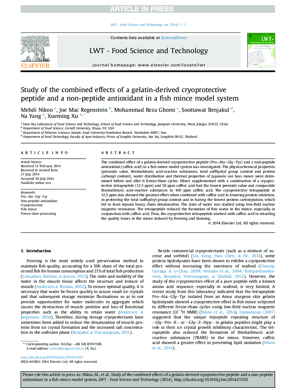 بررسی اثر ترکیبی پپتید گریفی محافظتی ژلاتین و یک آنتی اکسیدان غیر پپتیدی در یک سیستم مدل ماهی قزل آلا 