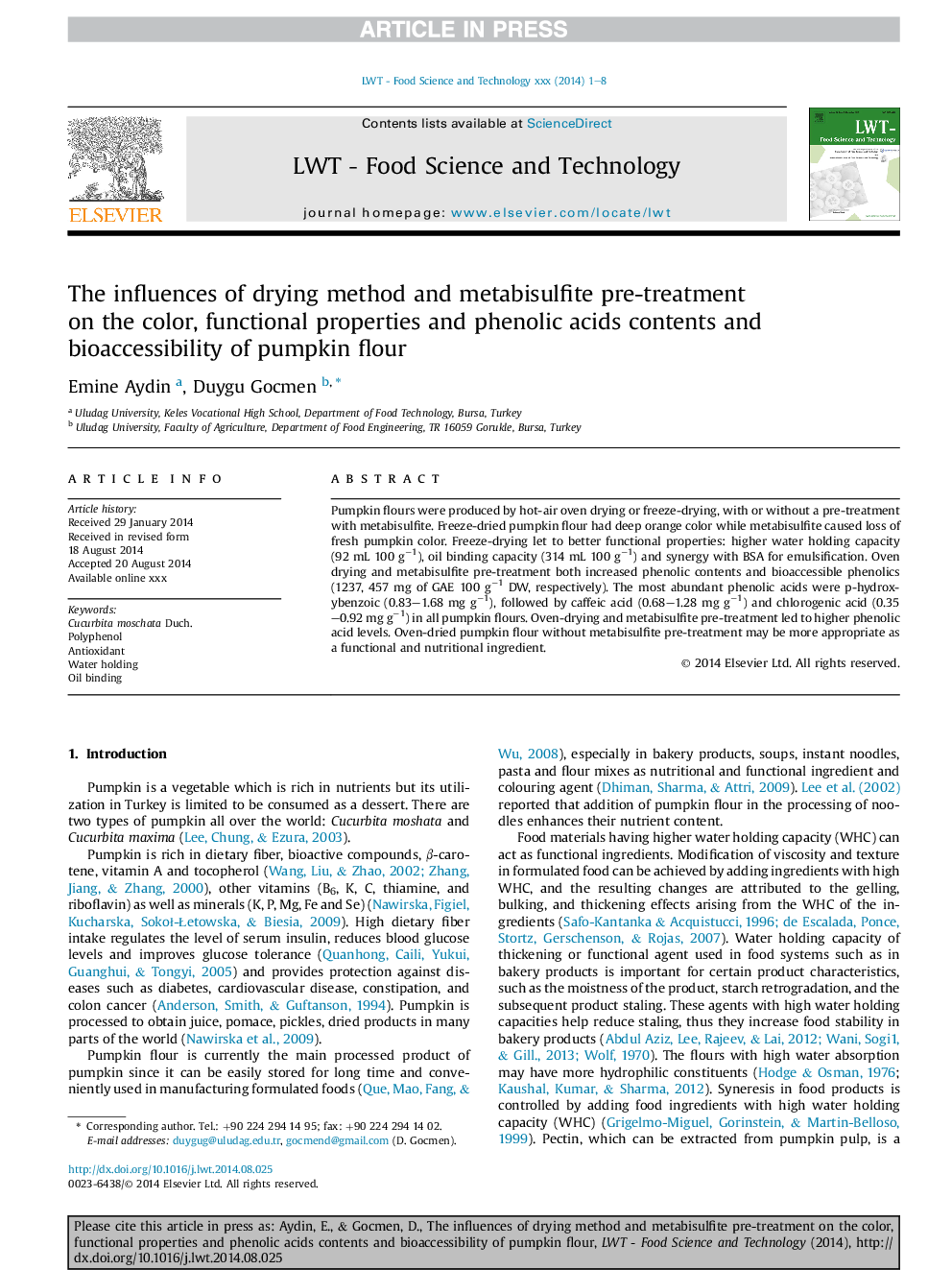 The influences of drying method and metabisulfite pre-treatment onÂ the color, functional properties and phenolic acids contents and bioaccessibility of pumpkin flour