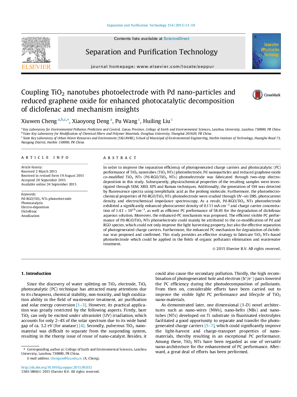 Coupling TiO2 nanotubes photoelectrode with Pd nano-particles and reduced graphene oxide for enhanced photocatalytic decomposition of diclofenac and mechanism insights