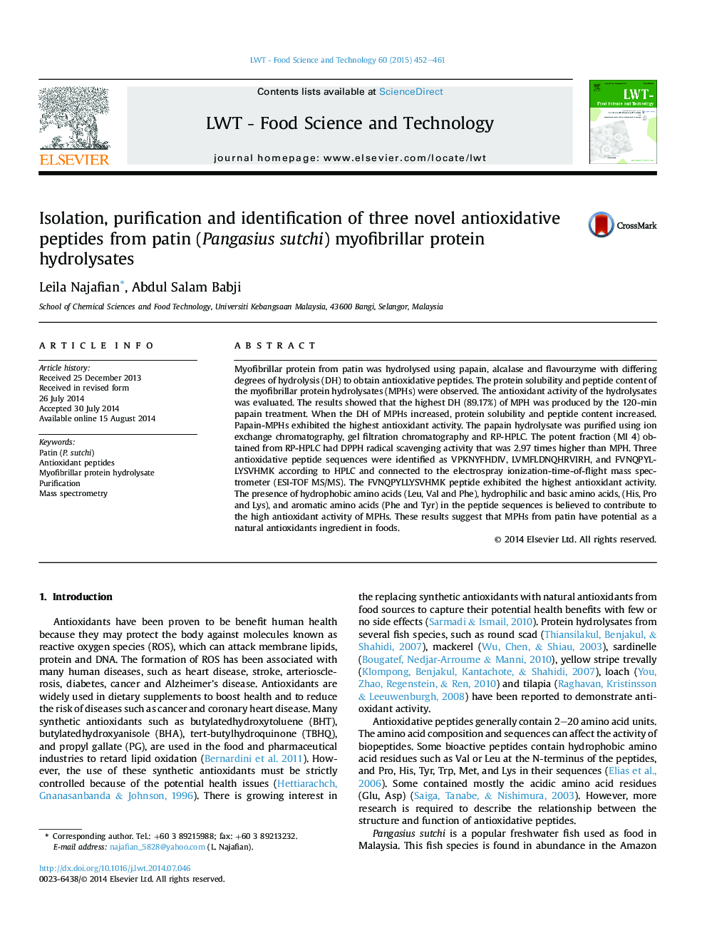 عکس صفحه اول مقاله: Isolation, purification and identification of three novel antioxidative peptides from patin (Pangasius sutchi) myofibrillar protein hydrolysates Isolation, purification and identification of three novel antioxidative peptides from patin (Pangasius sutchi) myofibrillar protein hydrolysates
