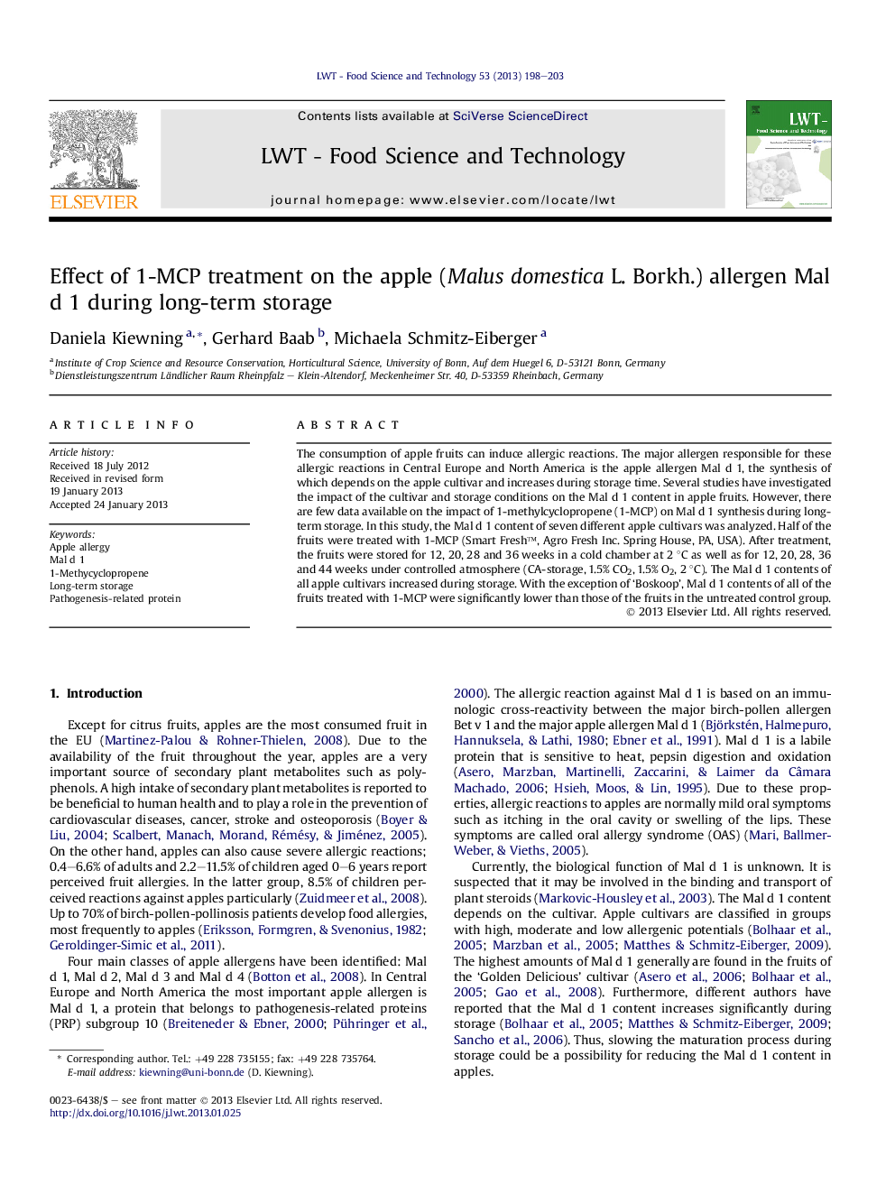 Effect of 1-MCP treatment on the apple (Malus domestica L. Borkh.) allergen Mal d 1 during long-term storage