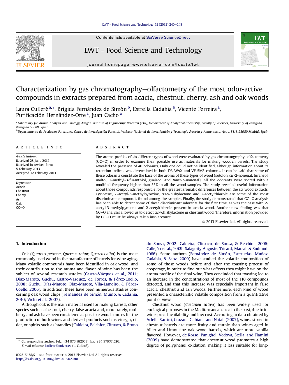 Characterization by gas chromatography-olfactometry of the most odor-active compounds in extracts prepared from acacia, chestnut, cherry, ash and oak woods