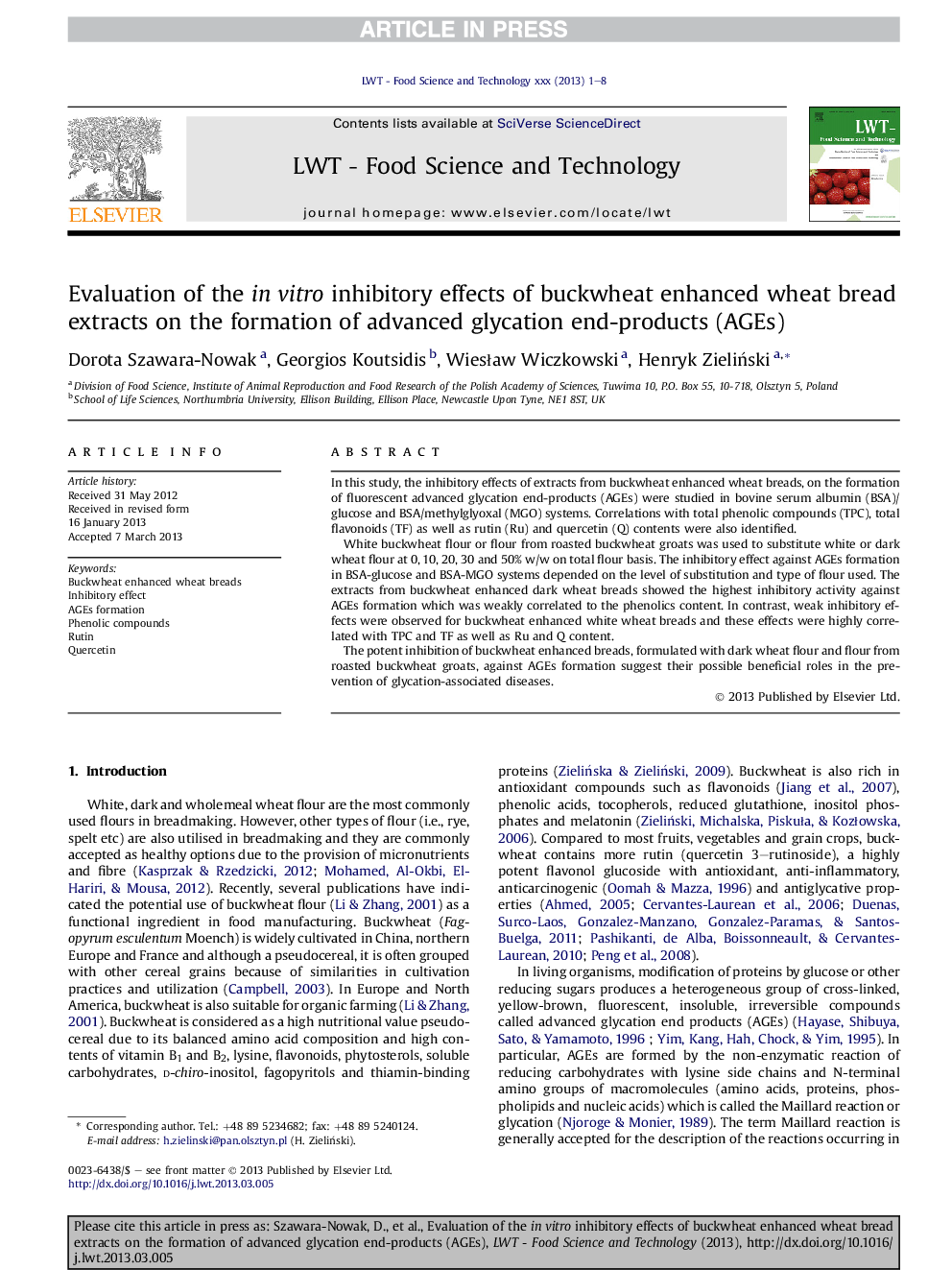 Evaluation of the inÂ vitro inhibitory effects of buckwheat enhanced wheat bread extracts on the formation of advanced glycation end-products (AGEs)