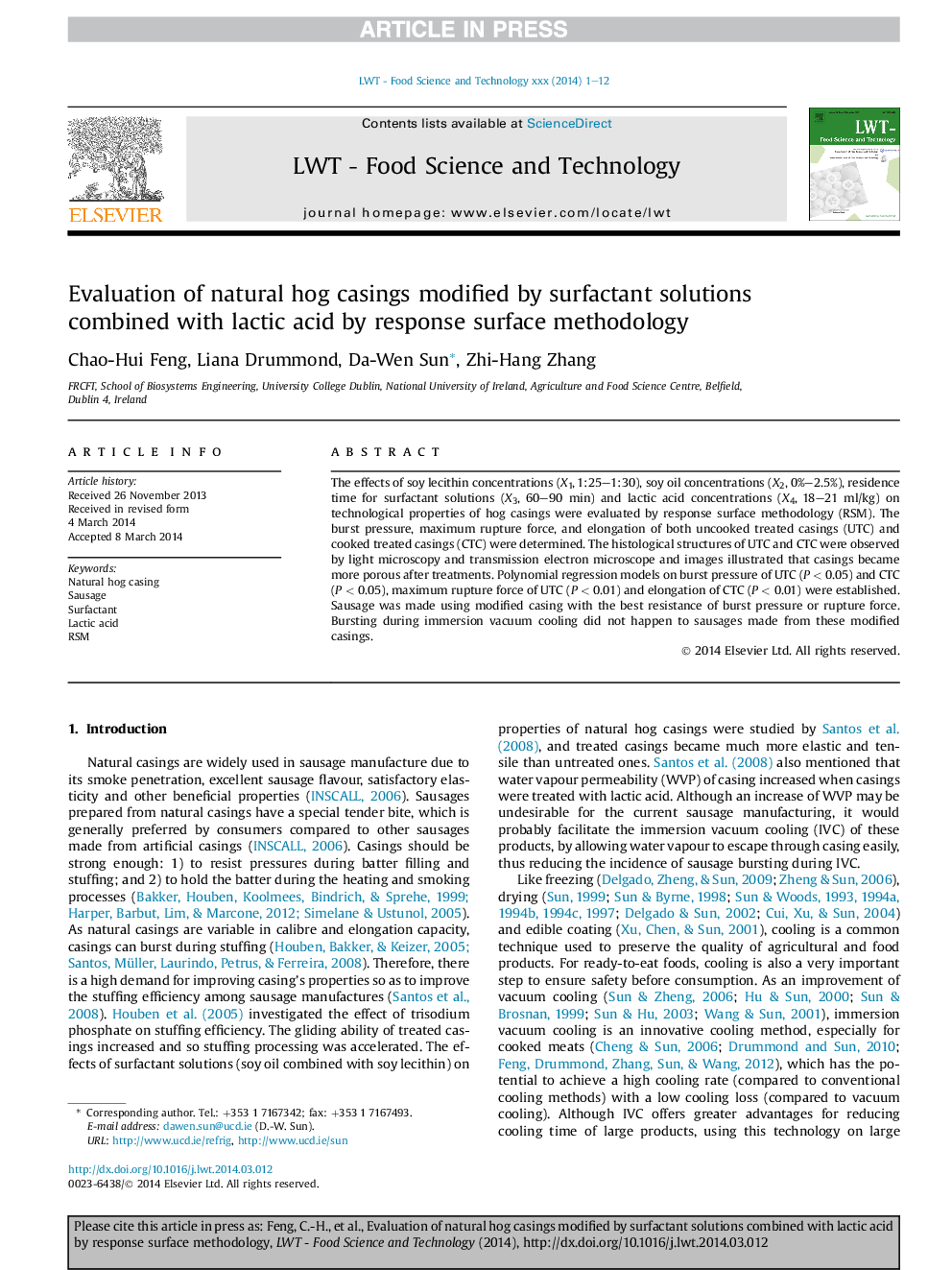 Evaluation of natural hog casings modified by surfactant solutions combined with lactic acid by response surface methodology