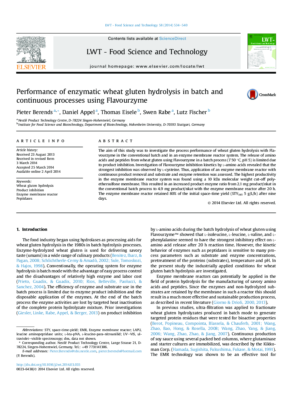 Performance of enzymatic wheat gluten hydrolysis in batch and continuous processes using Flavourzyme