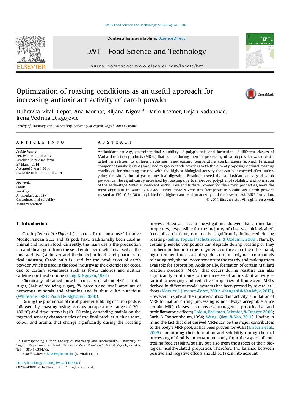 Optimization of roasting conditions as an useful approach for increasing antioxidant activity of carob powder