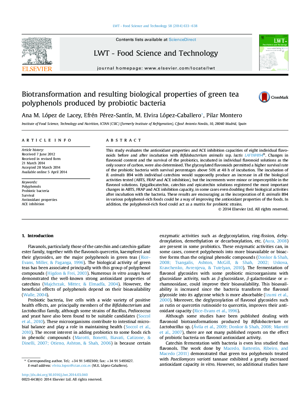 Biotransformation and resulting biological properties of green tea polyphenols produced by probiotic bacteria