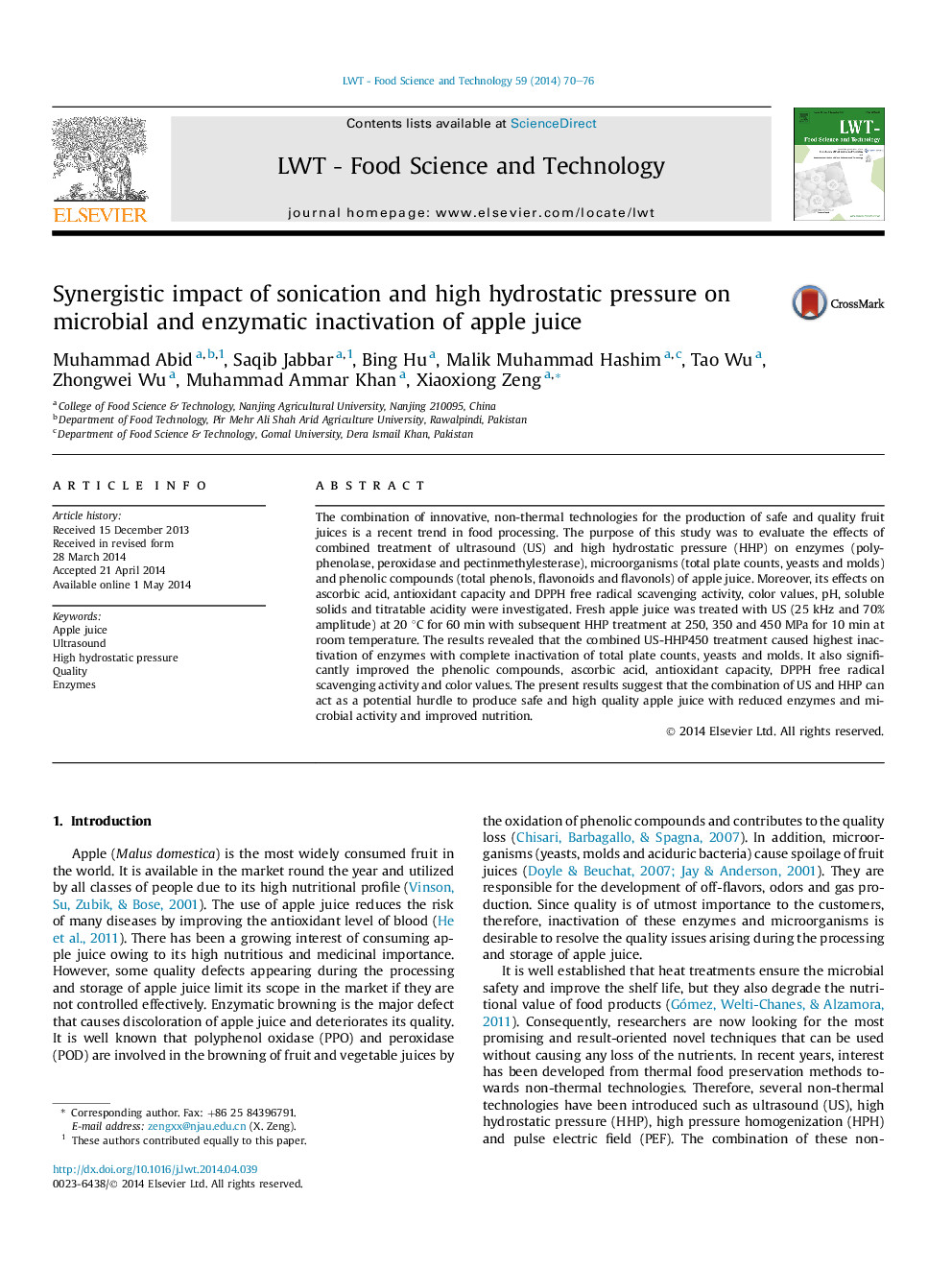 Synergistic impact of sonication and high hydrostatic pressure on microbial and enzymatic inactivation of apple juice