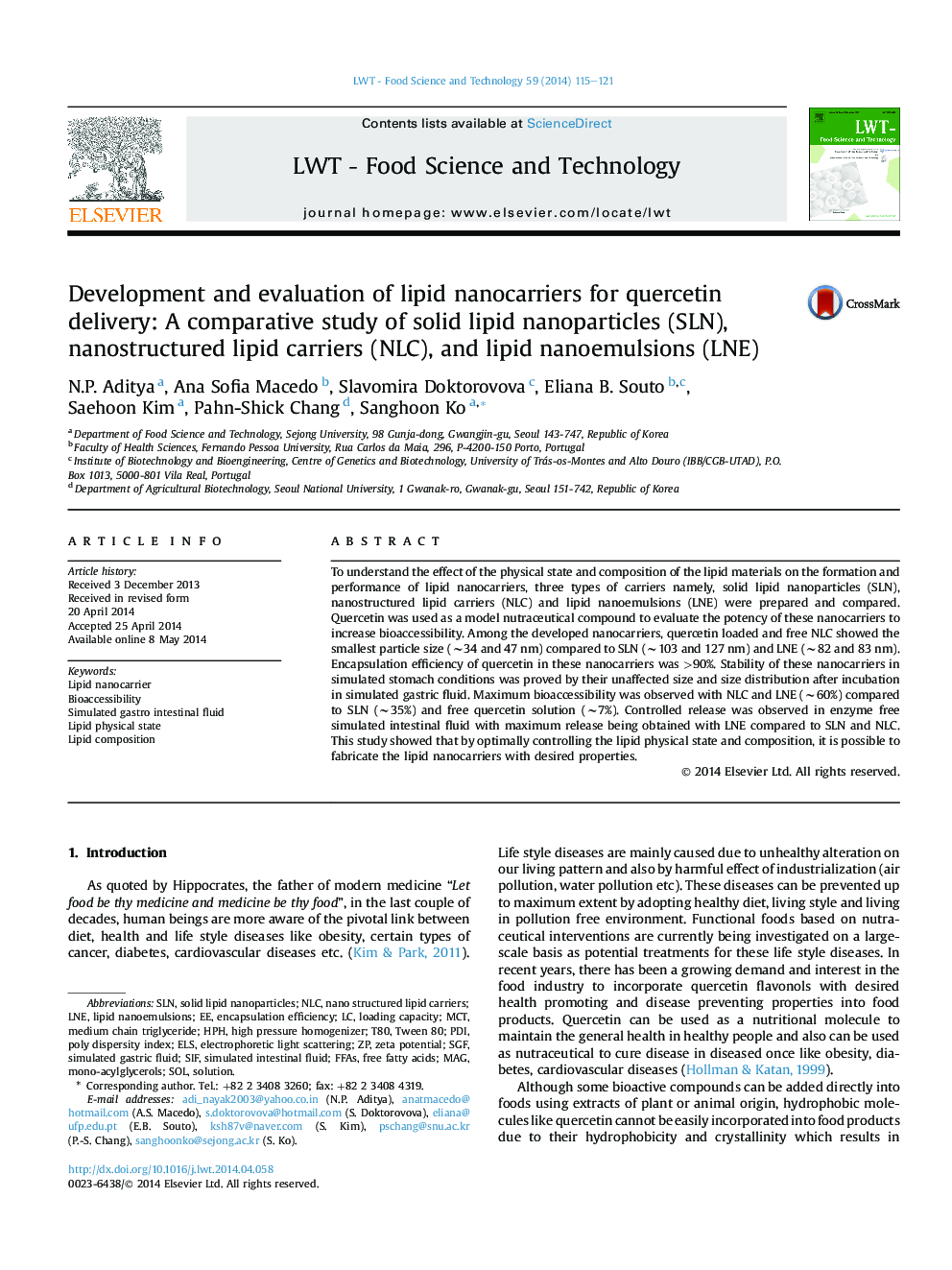 Development and evaluation of lipid nanocarriers for quercetin delivery: A comparative study of solid lipid nanoparticles (SLN), nanostructured lipid carriers (NLC), and lipid nanoemulsions (LNE)