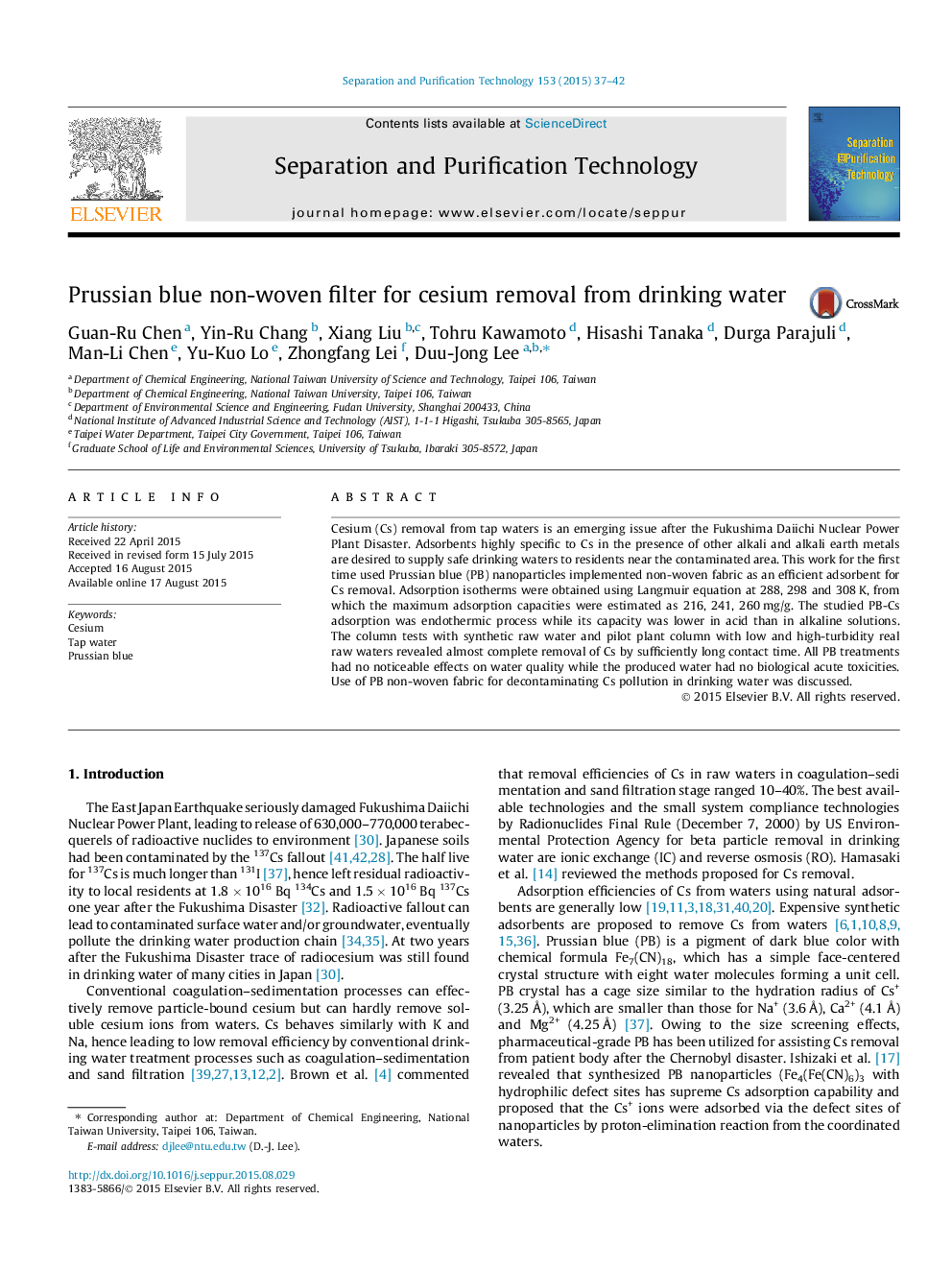 Prussian blue non-woven filter for cesium removal from drinking water