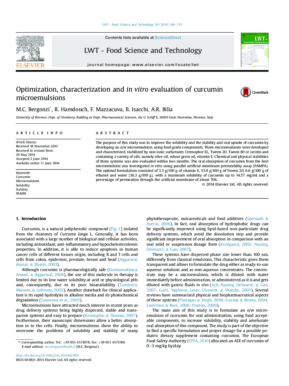 Optimization, characterization and inÂ vitro evaluation of curcumin microemulsions