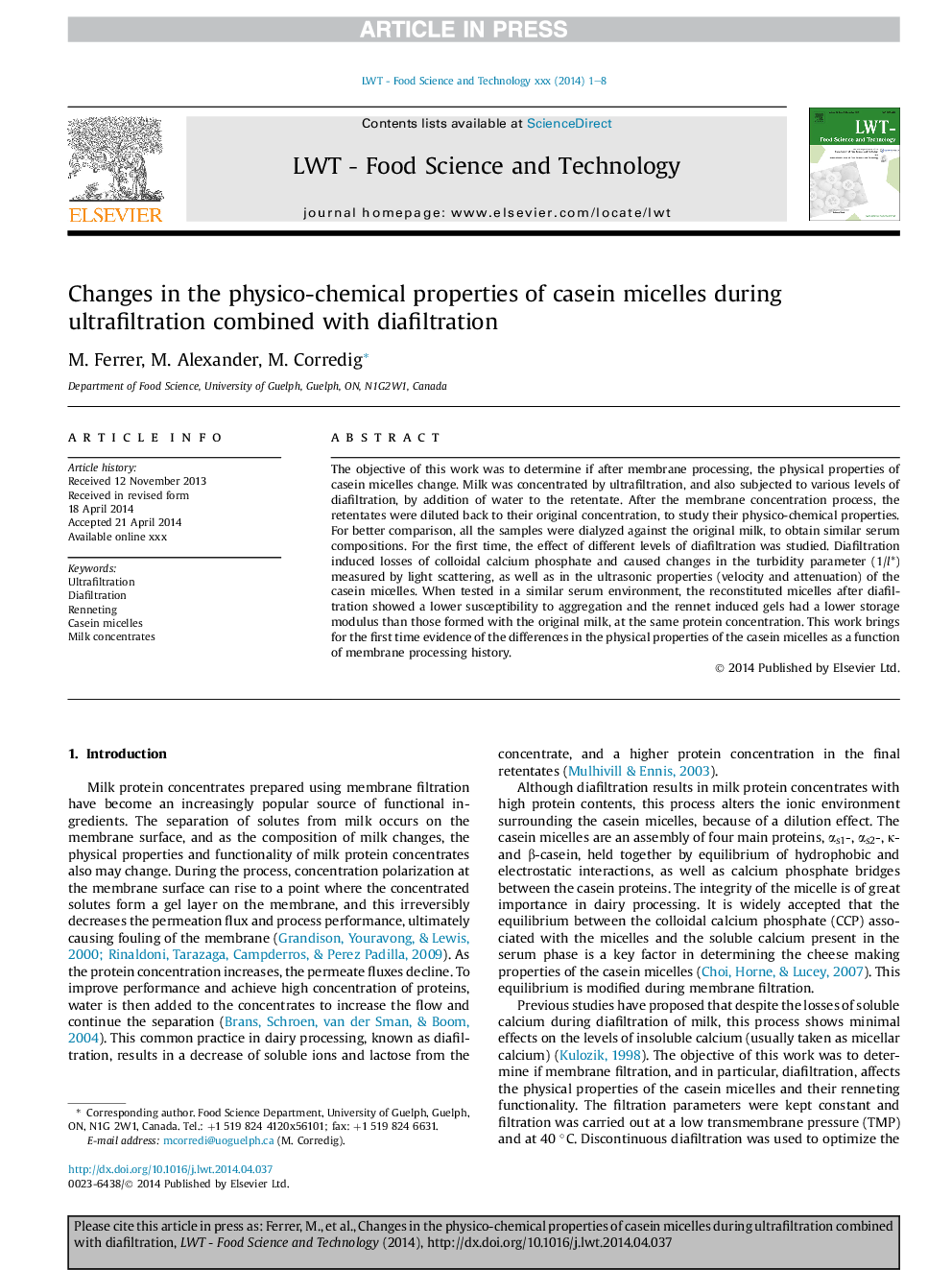 Changes in the physico-chemical properties of casein micelles during ultrafiltration combined with diafiltration