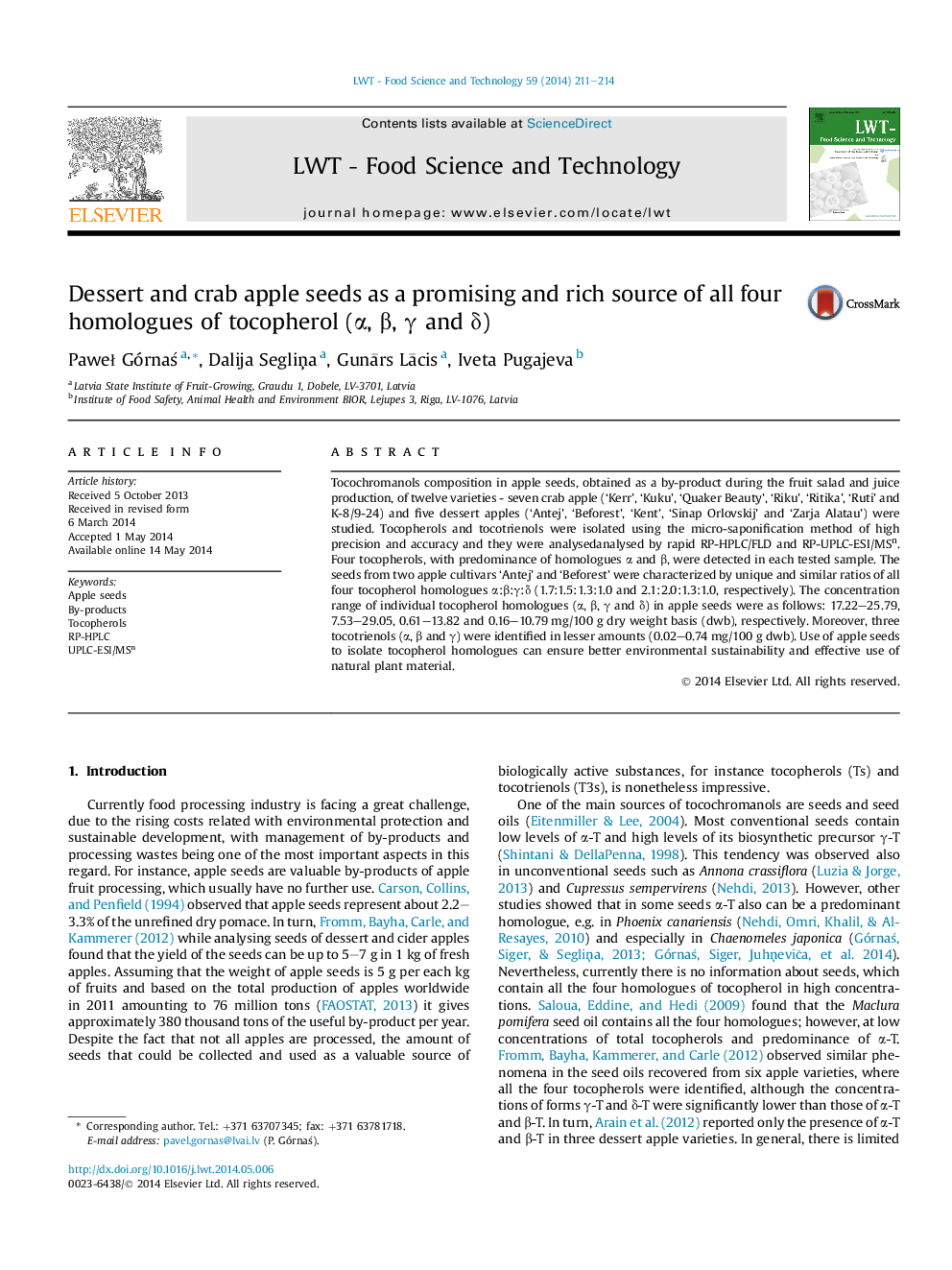 Dessert and crab apple seeds as a promising and rich source of all four homologues of tocopherol (Î±, Î², Î³ and Î´)