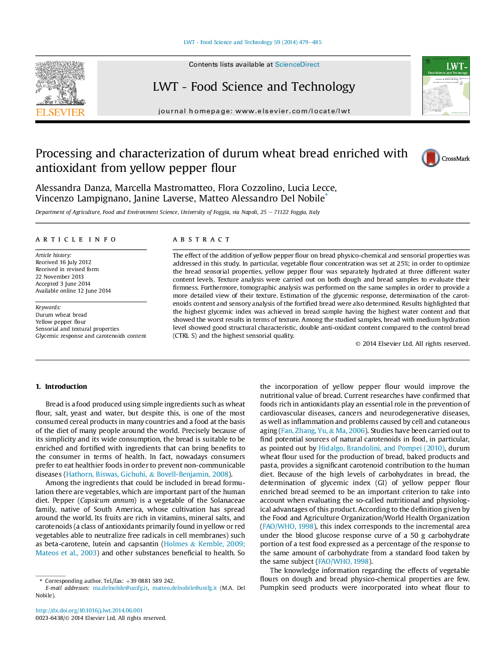 Processing and characterization of durum wheat bread enriched with antioxidant from yellow pepper flour