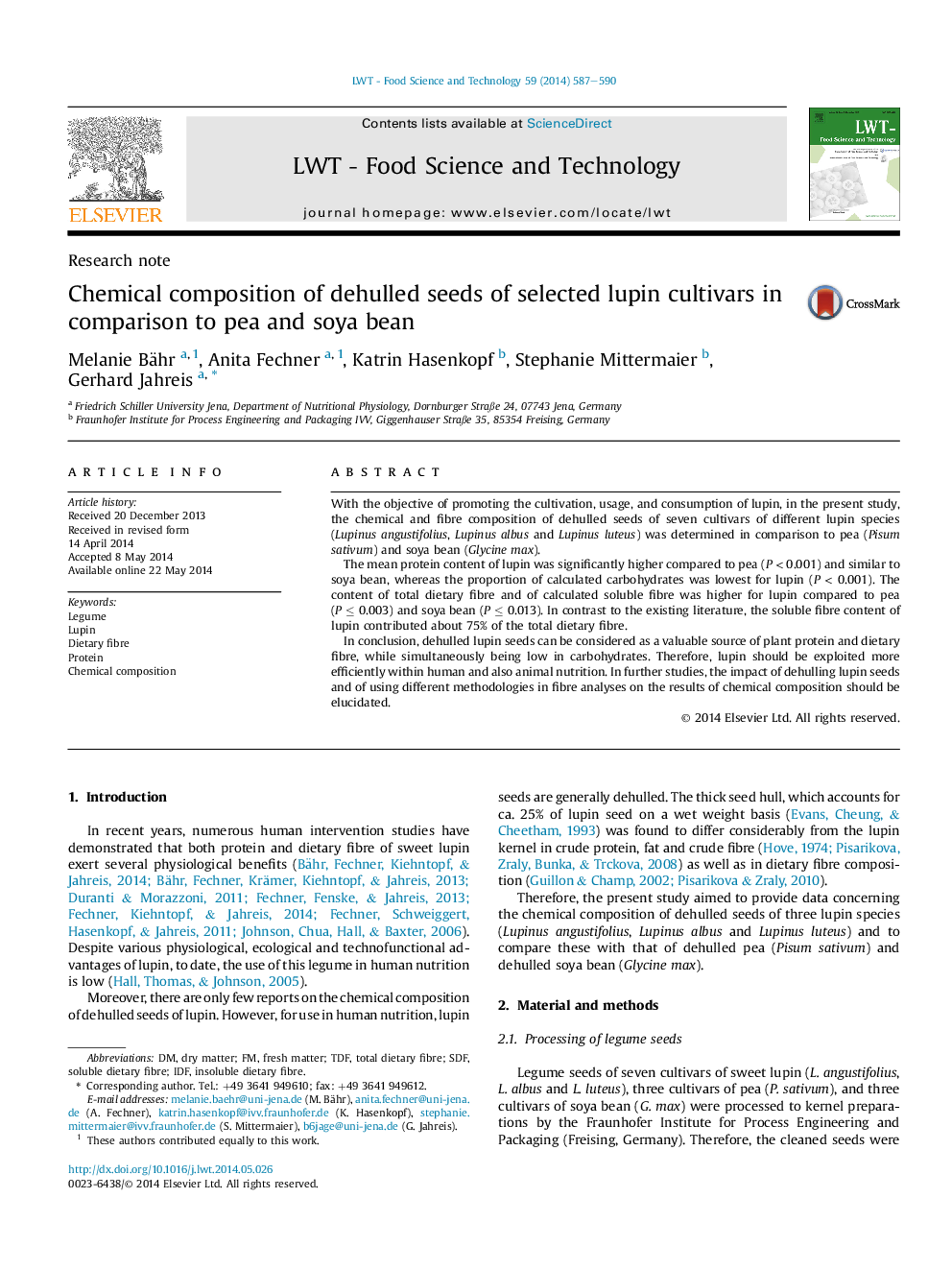 Research noteChemical composition of dehulled seeds of selected lupin cultivars in comparison to pea and soya bean