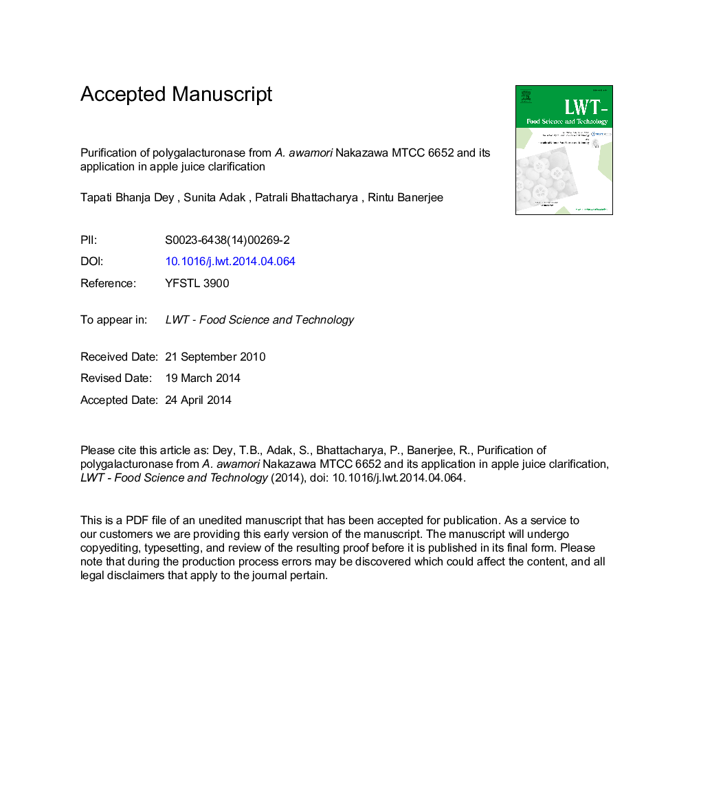 Purification of polygalacturonase from Aspergillus awamori Nakazawa MTCC 6652 and its application in apple juice clarification