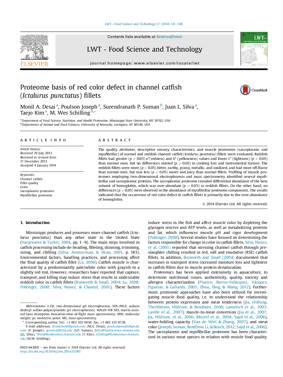 Proteome basis of red color defect in channel catfish (Ictalurus punctatus) fillets