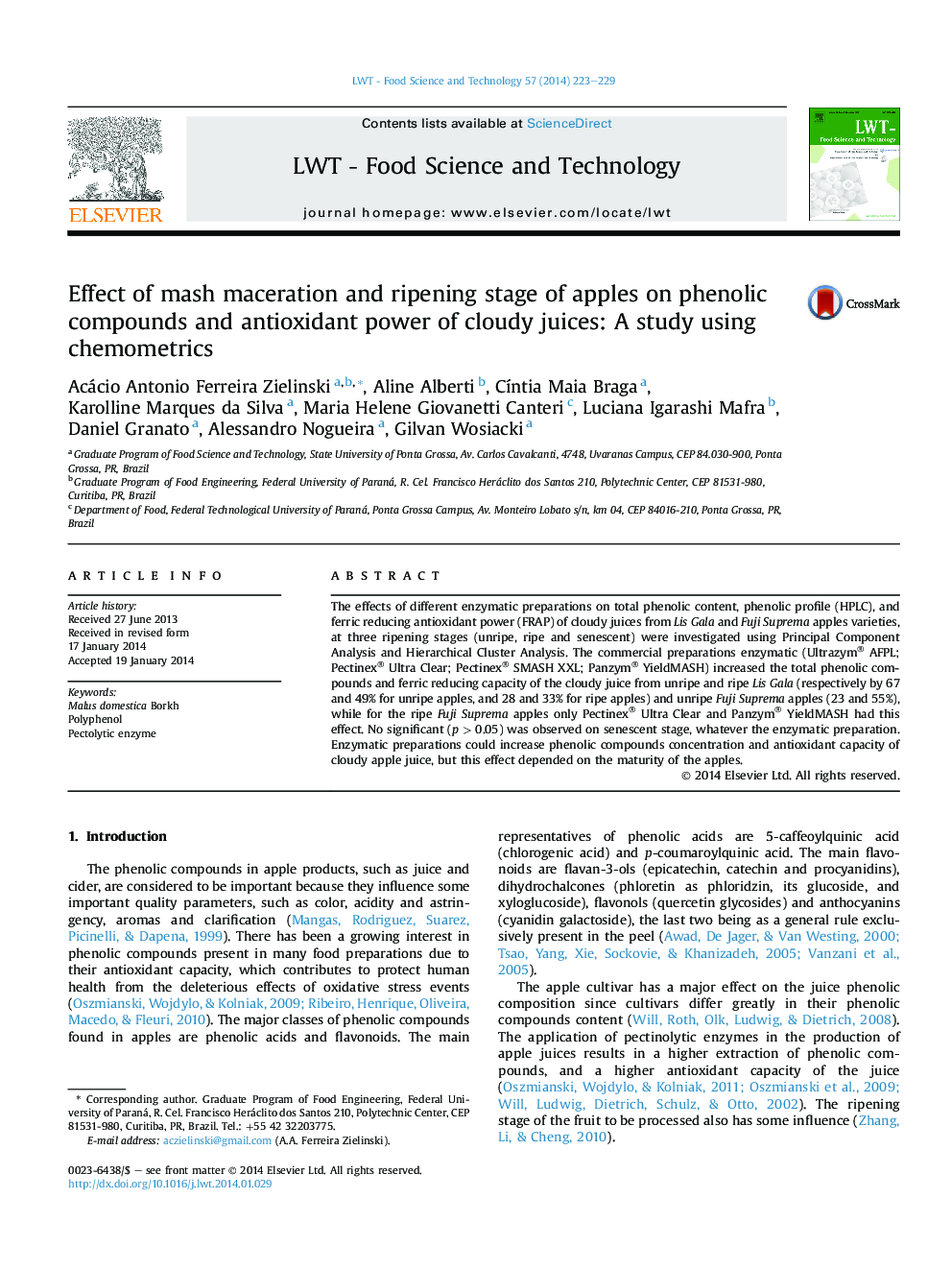 Effect of mash maceration and ripening stage of apples on phenolic compounds and antioxidant power of cloudy juices: A study using chemometrics