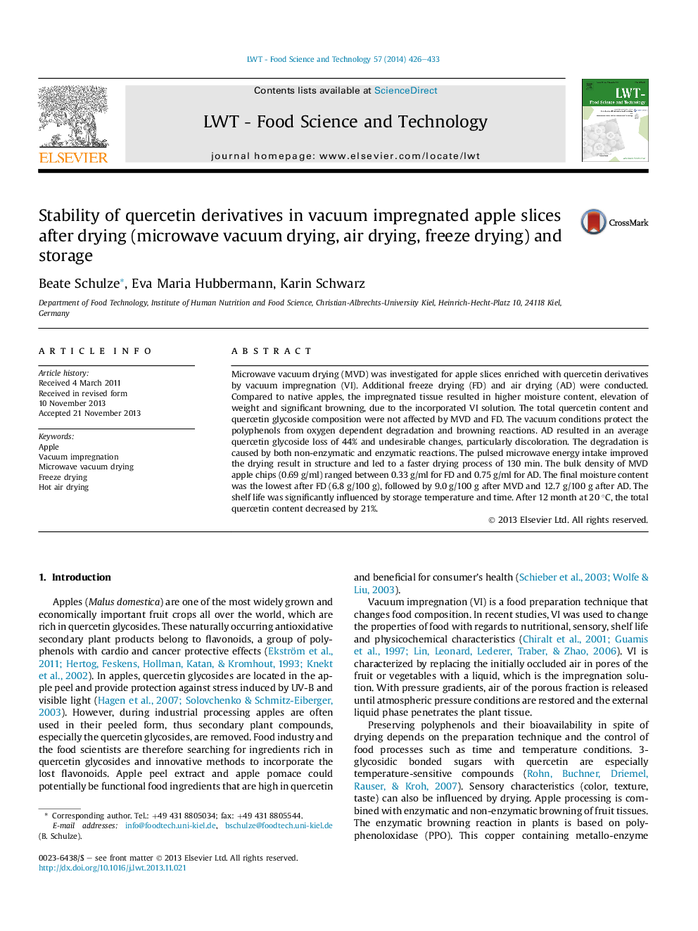 Stability of quercetin derivatives in vacuum impregnated apple slices after drying (microwave vacuum drying, air drying, freeze drying) and storage