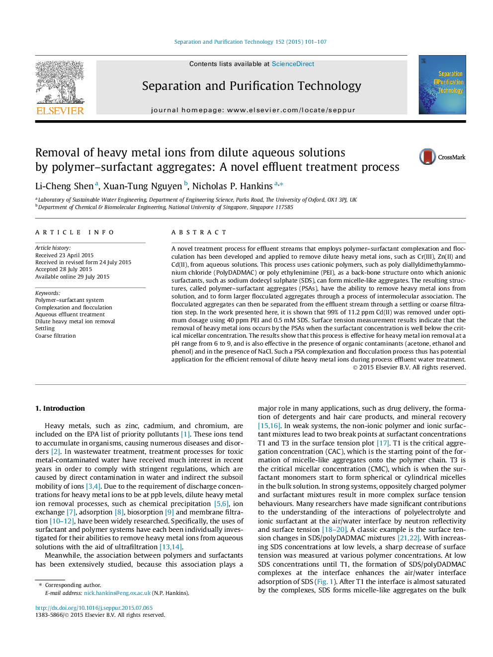 Removal of heavy metal ions from dilute aqueous solutions by polymer–surfactant aggregates: A novel effluent treatment process