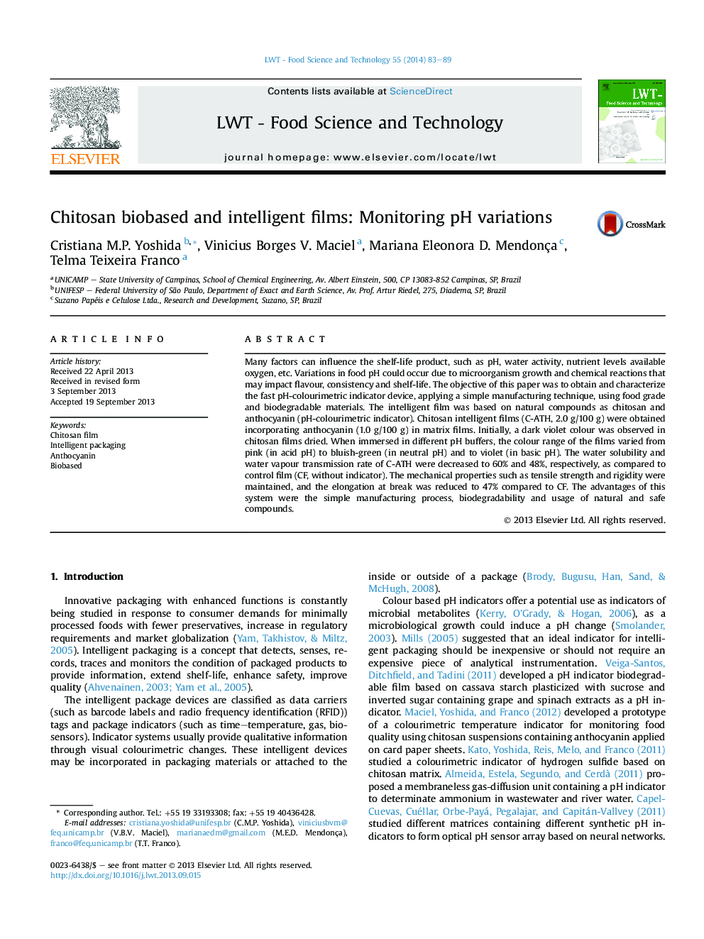 Chitosan biobased and intelligent films: Monitoring pH variations