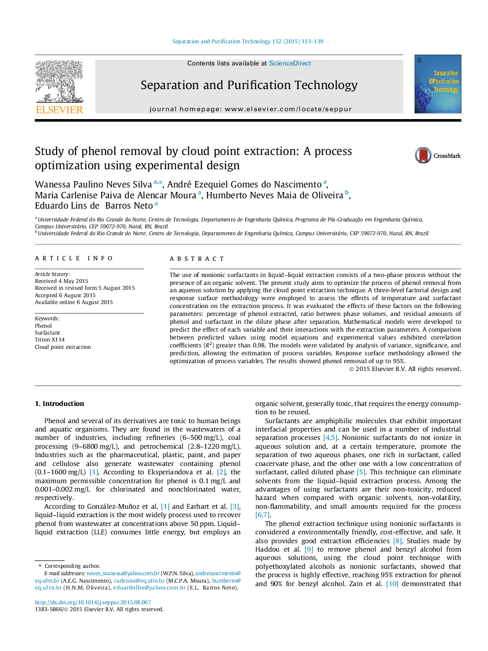 Study of phenol removal by cloud point extraction: A process optimization using experimental design