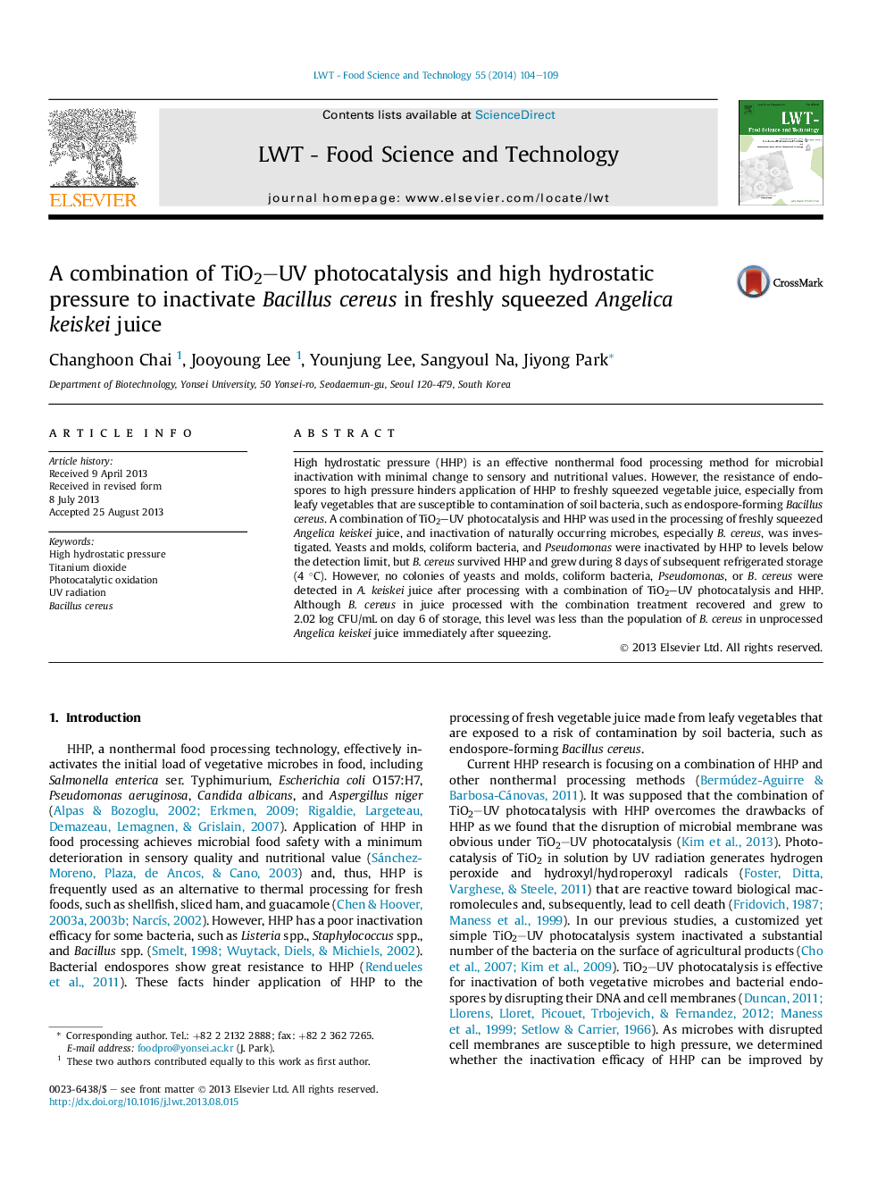 A combination of TiO2–UV photocatalysis and high hydrostatic pressure to inactivate Bacillus cereus in freshly squeezed Angelica keiskei juice