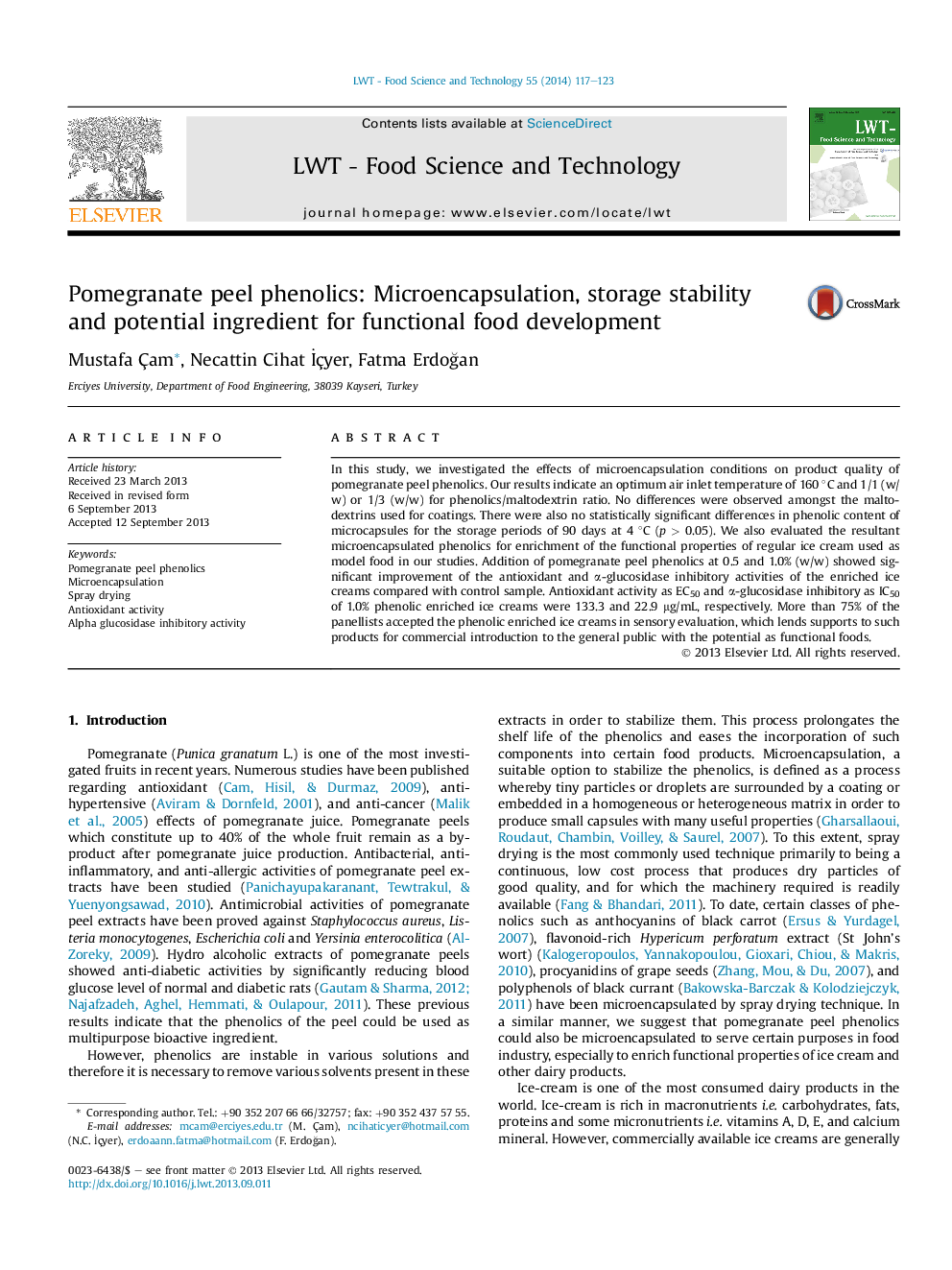 Pomegranate peel phenolics: Microencapsulation, storage stability and potential ingredient for functional food development