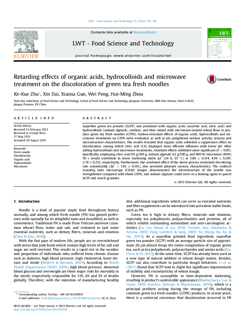 Retarding effects of organic acids, hydrocolloids and microwave treatment on the discoloration of green tea fresh noodles