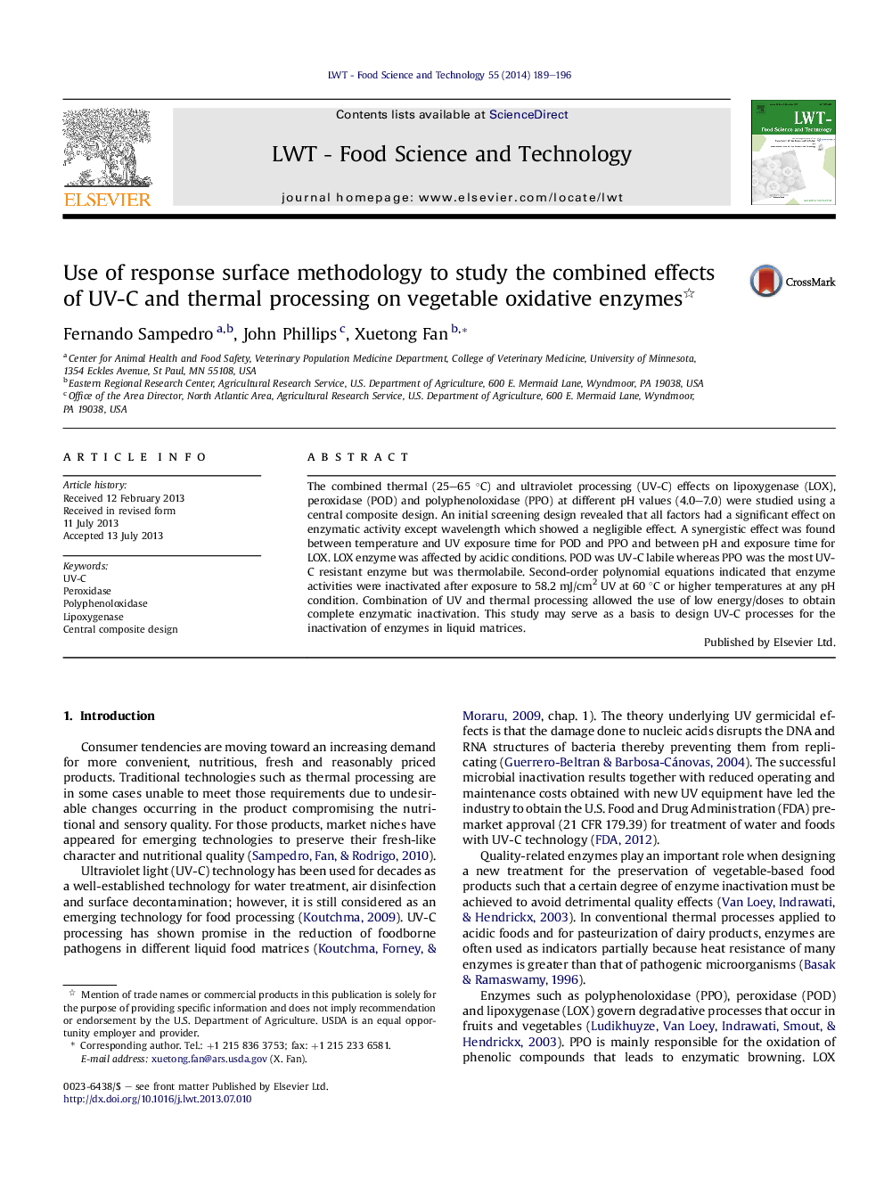 Use of response surface methodology to study the combined effects of UV-C and thermal processing on vegetable oxidative enzymes