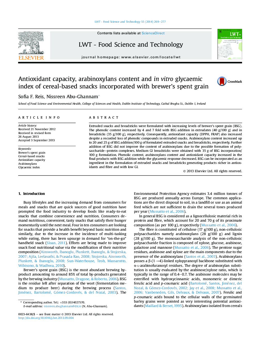Antioxidant capacity, arabinoxylans content and inÂ vitro glycaemic index of cereal-based snacks incorporated with brewer's spent grain