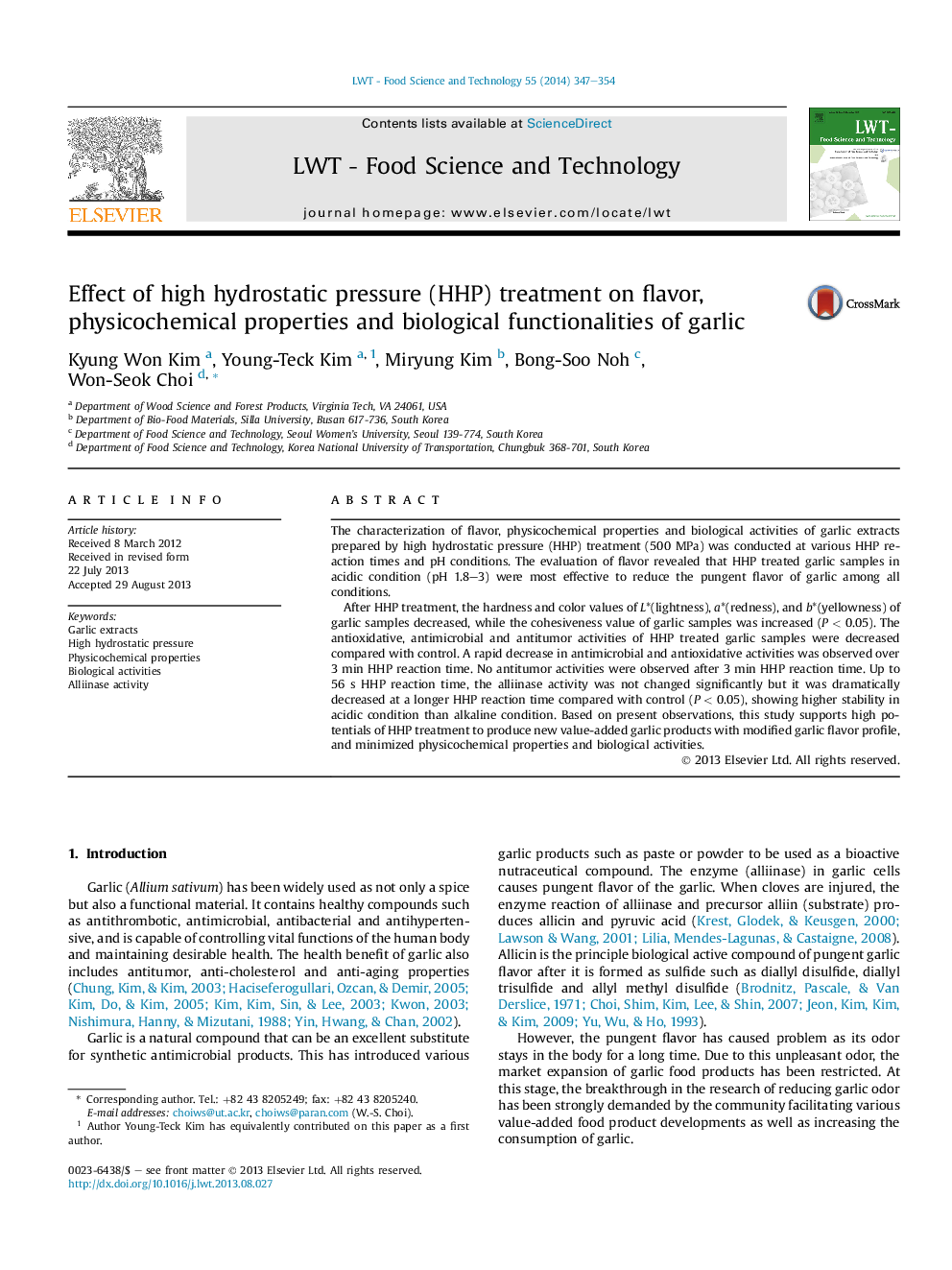 Effect of high hydrostatic pressure (HHP) treatment on flavor, physicochemical properties and biological functionalities of garlic