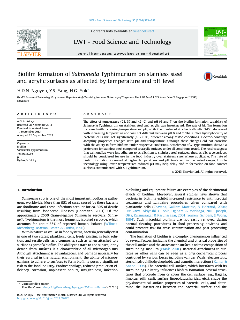 Biofilm formation of Salmonella Typhimurium on stainless steel and acrylic surfaces as affected by temperature and pH level