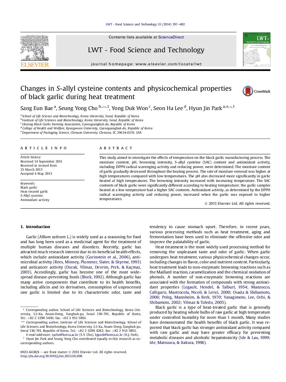 Changes in S-allyl cysteine contents and physicochemical properties of black garlic during heat treatment