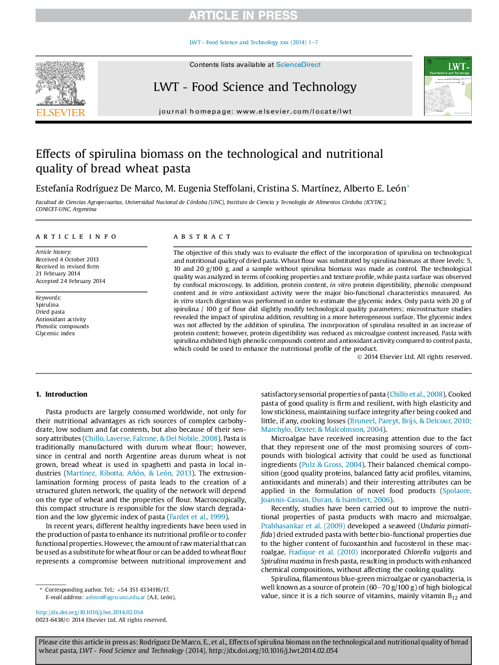 Effects of spirulina biomass on the technological and nutritional quality of bread wheat pasta