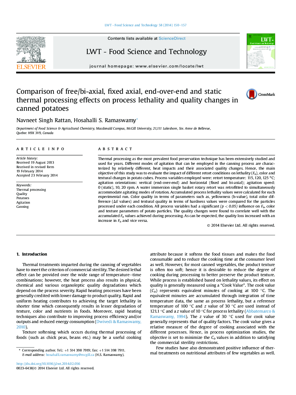 Comparison of free/bi-axial, fixed axial, end-over-end and static thermal processing effects on process lethality and quality changes in canned potatoes