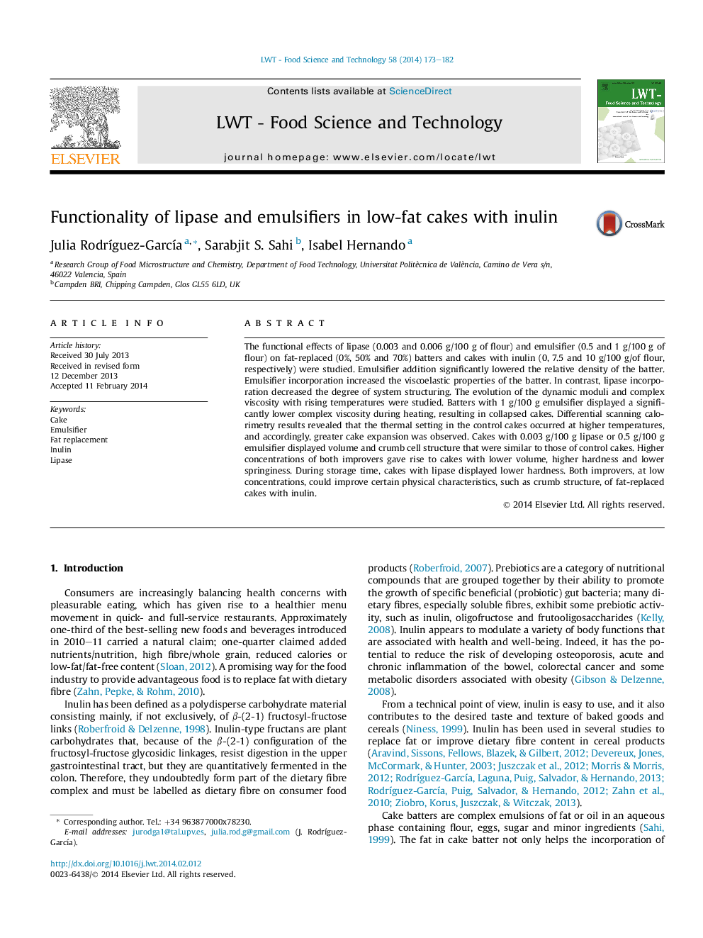 Functionality of lipase and emulsifiers in low-fat cakes with inulin