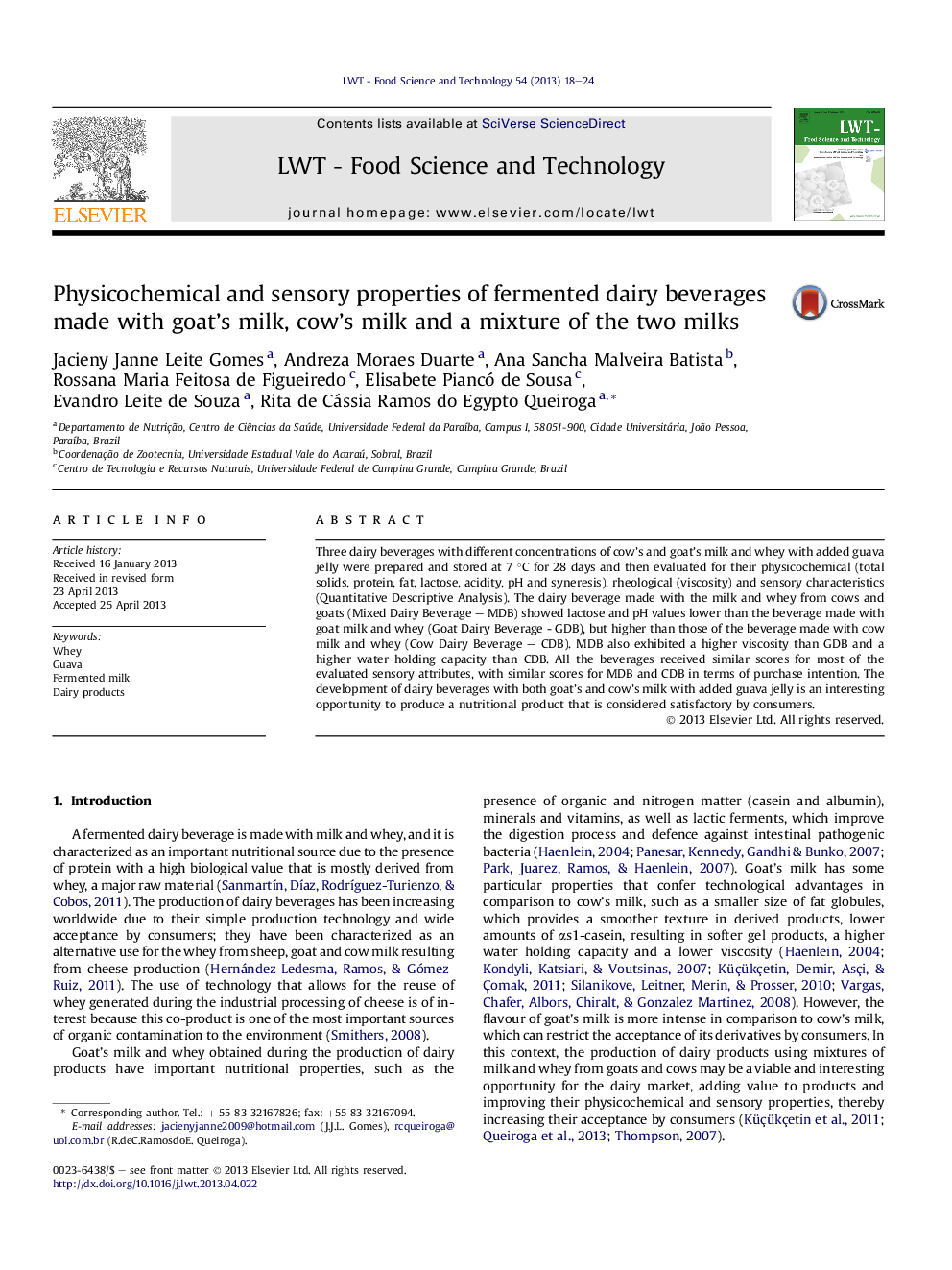 Physicochemical and sensory properties of fermented dairy beverages made with goat's milk, cow's milk and a mixture of the two milks