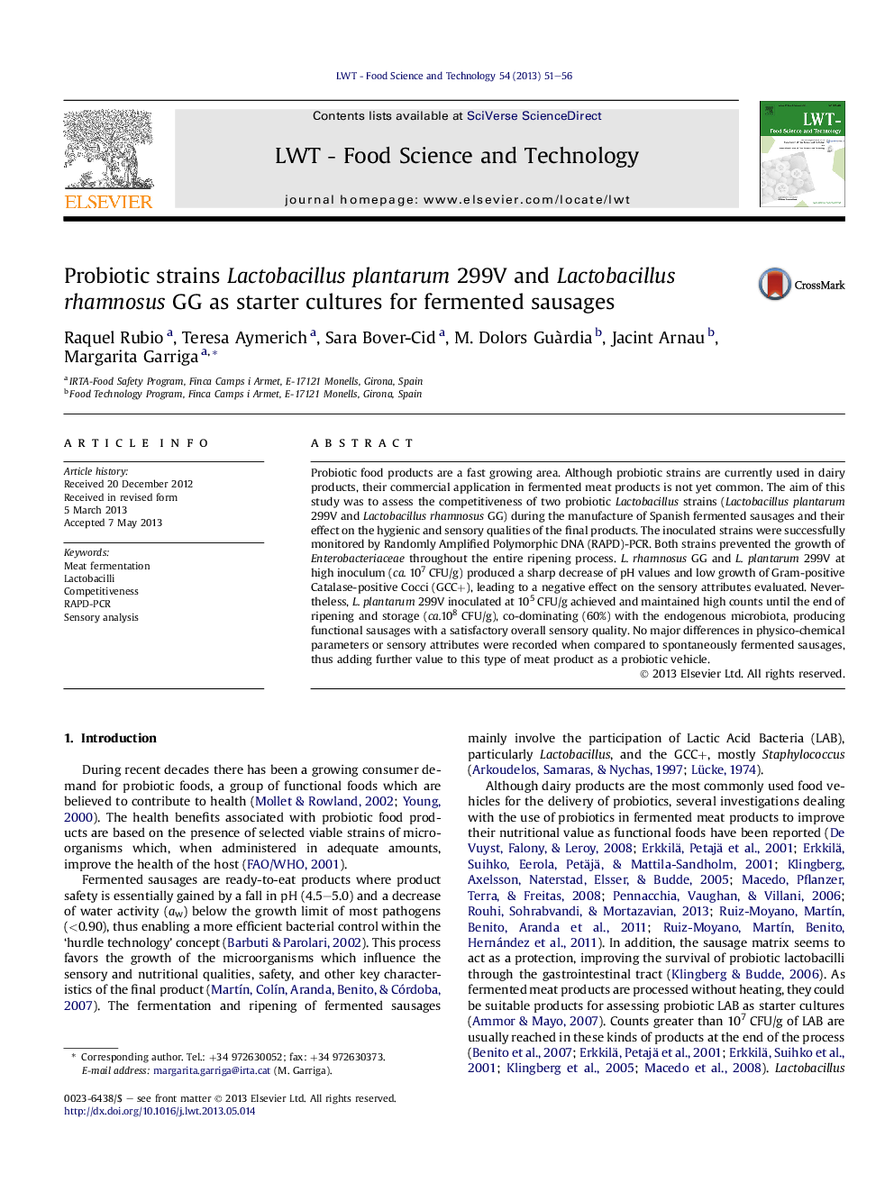 Probiotic strains Lactobacillus plantarum 299V and Lactobacillus rhamnosus GG as starter cultures for fermented sausages